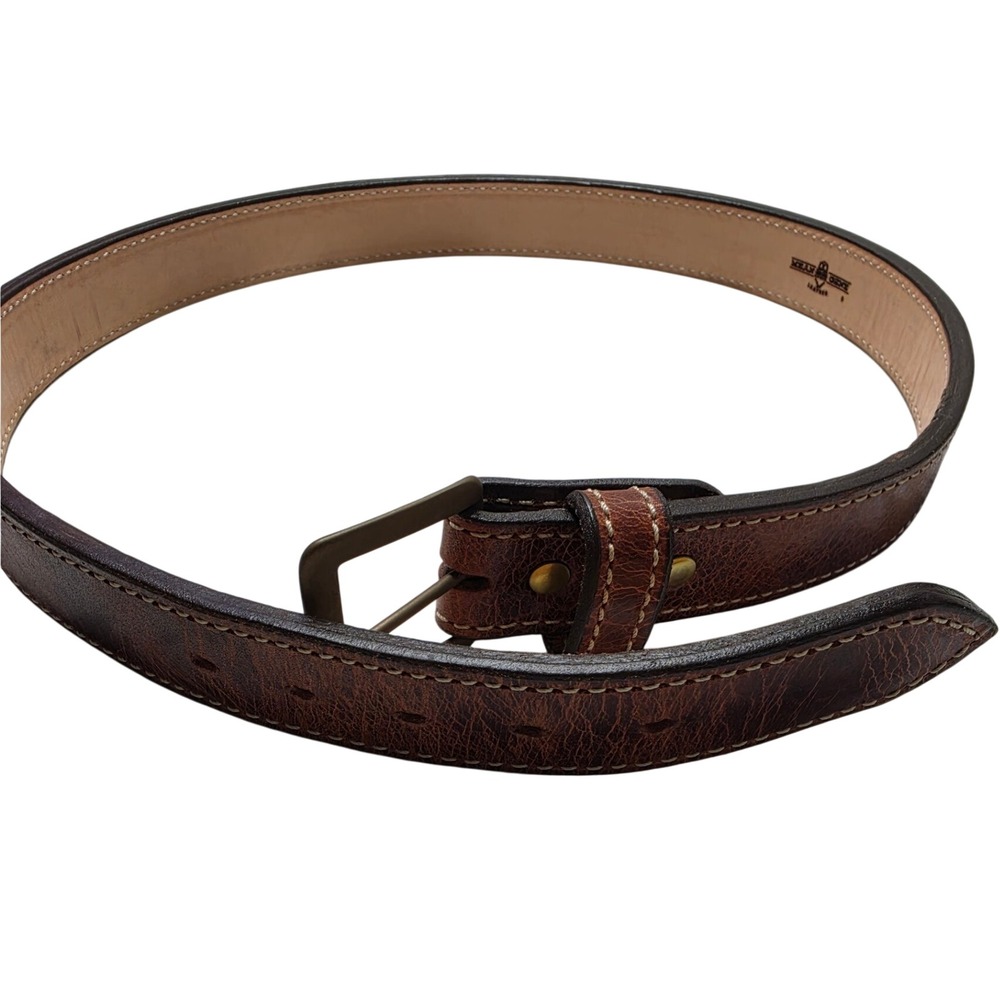 Mean Gene Leather Mens Brown Stitched Leather Belt Size 37 Brass Buckle